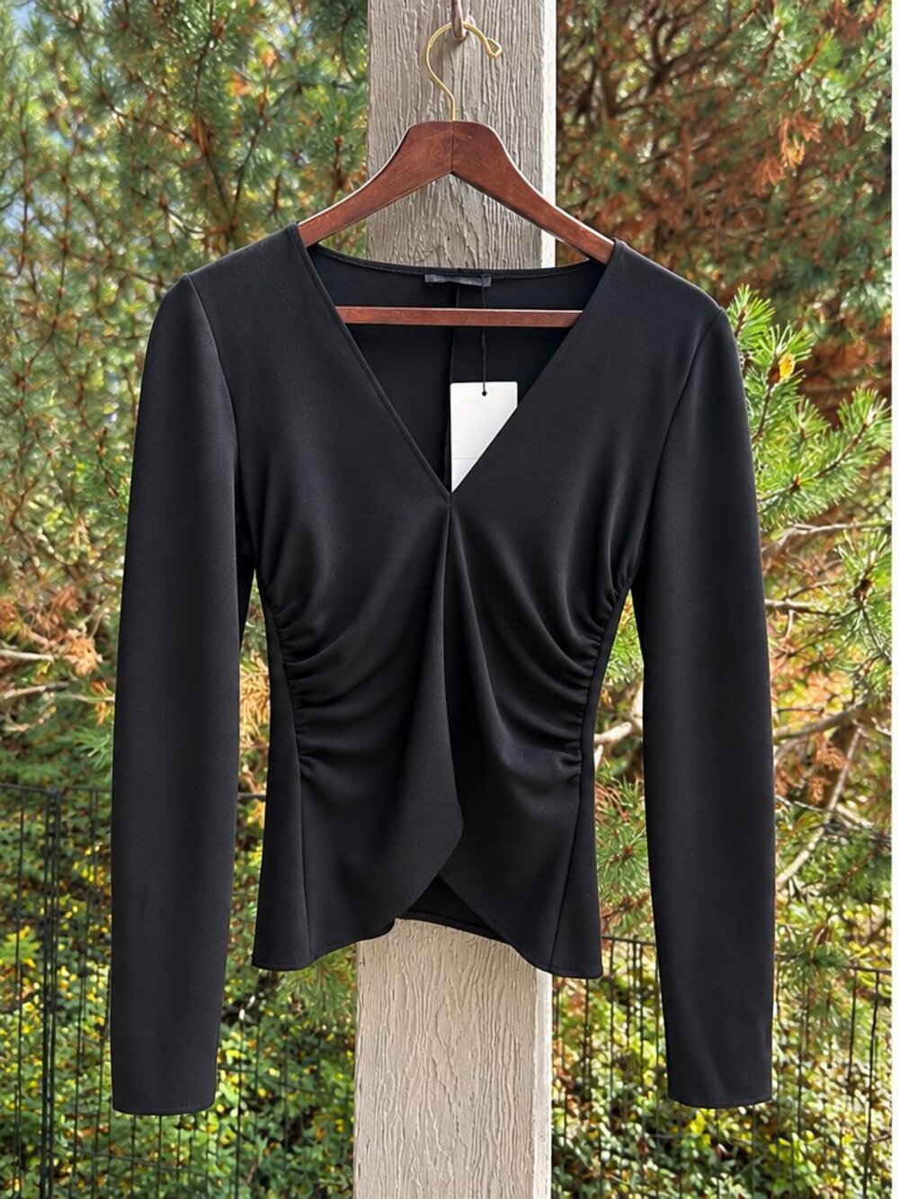 Black Ruched V-Neck Long Sleeve Top